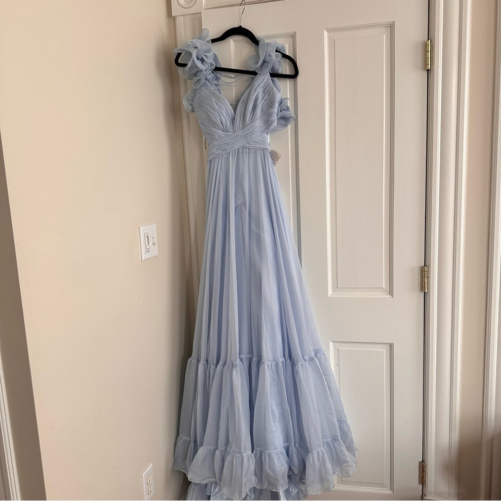 NWT Mac Duggal 67911 Light Blue Ruffle Tiered Cut-Out Chiffon Gown - Picture 3 of 7